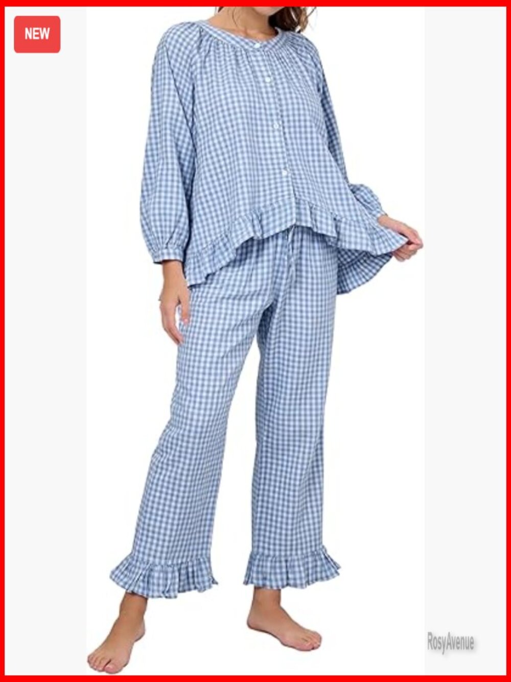 2 Piece Cotton Gingham Pajama Set Long Sleeve Button Down with Ruffle Pants